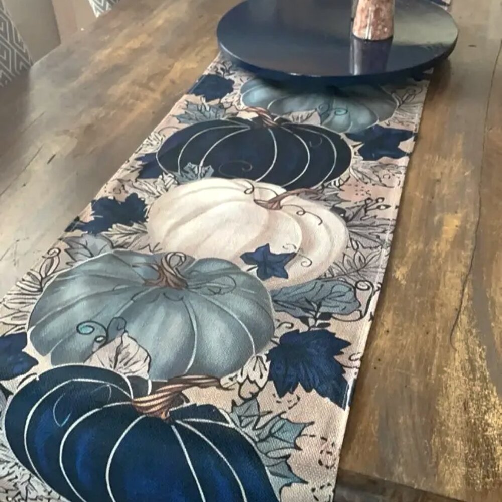 Thanksgiving Fall Linen Table Runner - Pumpkin and Maple Leaf Design -108" x 13"